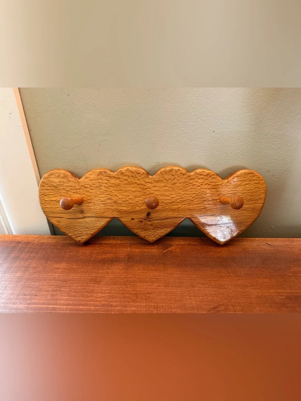 Vintage Handmade Triple Heart Wooden Peg Rack Folk Art Live Oak FL